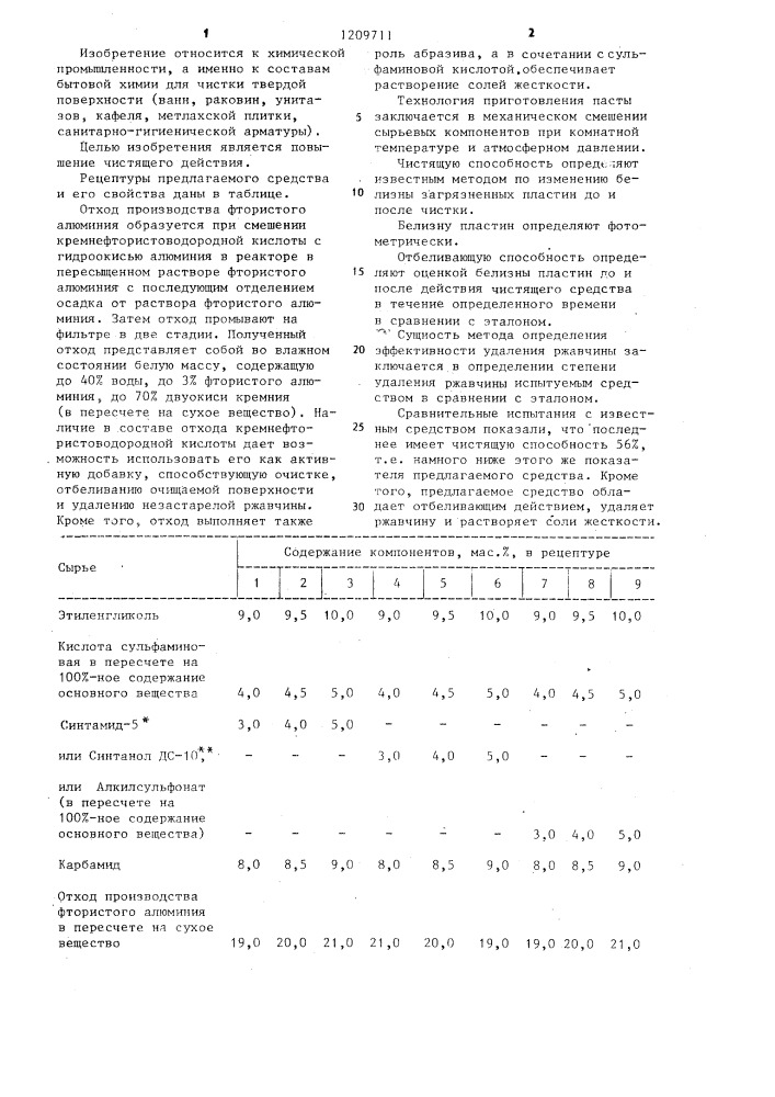 Средство для чистки твердой поверхности (патент 1209711)