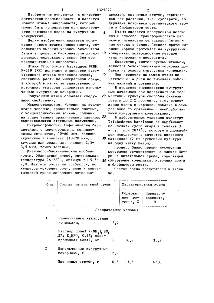 Штамм микромицета тriсноdеrма наrziаnuм вкпм f-319- продуцент кормового белка (патент 1325072)