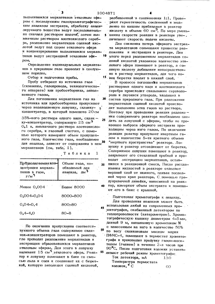 Способ определения меркаптанов в природных газах и конденсатах (патент 1004871)