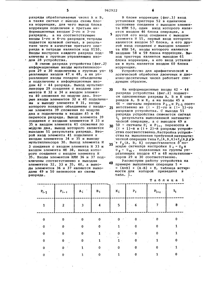 Устройство для арифметической и логической обработки двоичных и двоично-десятичных @ -разрядных чисел (патент 962922)