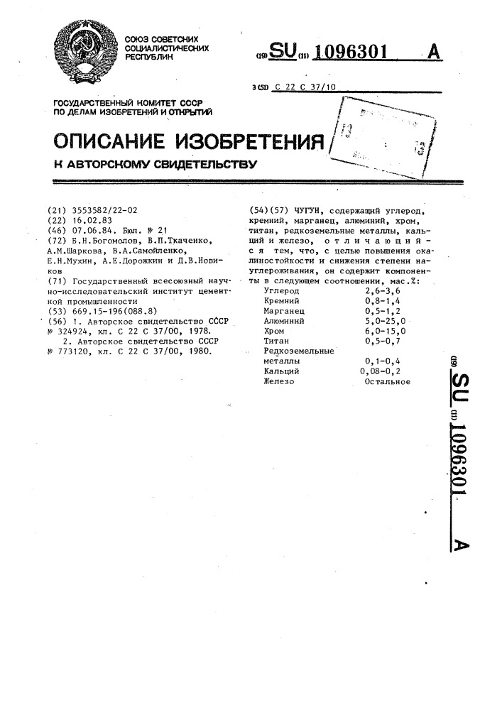 Чугун (патент 1096301)