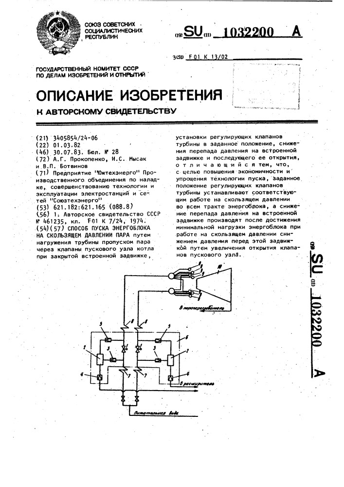 Способ пуска энергоблока на скользящем давлении пара (патент 1032200)