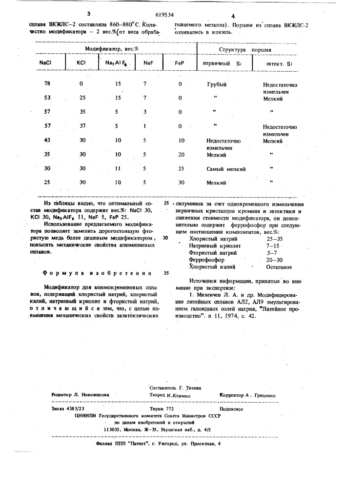 Модификатор для алюмокремниевых сплавов (патент 619534)