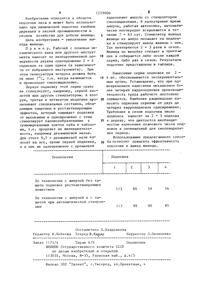 Способ подсочки хвойных деревьев с химическим воздействием (патент 1219006)