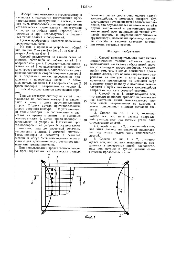 Способ предварительного напряжения металлических тканых сетчатых систем (патент 1435735)