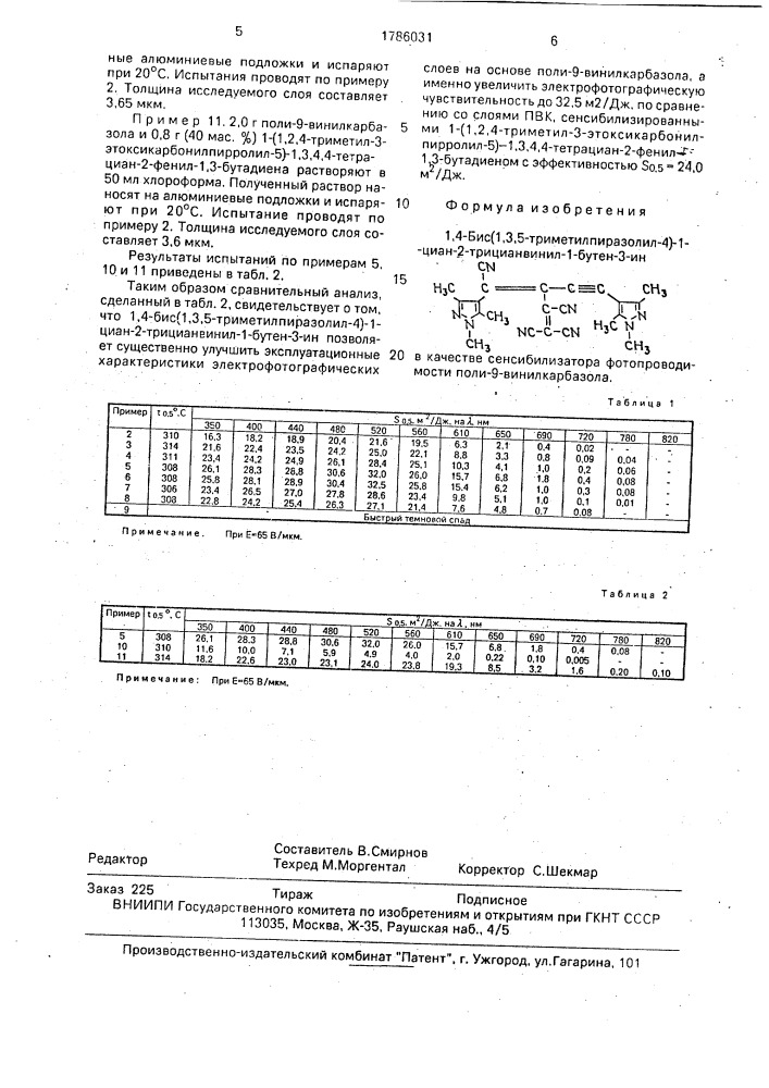 1,4-бис(1,3,5-триметилпиразолил-4)-1-циан-2-трицианвинил-1- бутен-3-ин в качестве сенсибилизатора фотопроводимости поли- 9-винилкарбазола (патент 1786031)