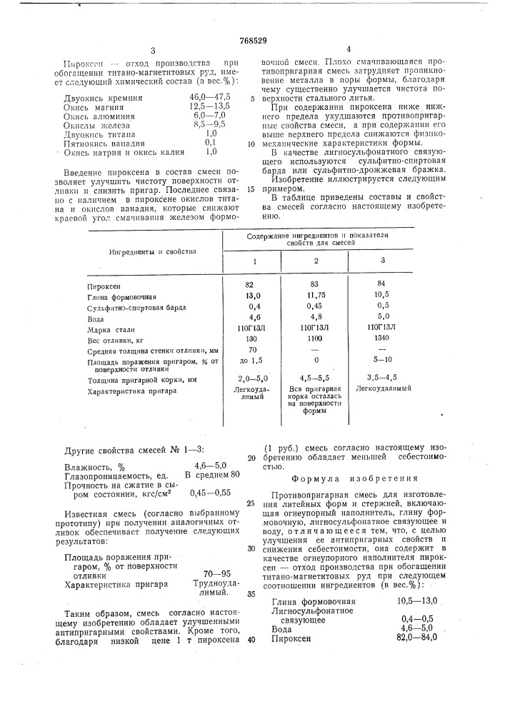 Противопригарная смесь для изготовления литейных форм и стержней (патент 768529)