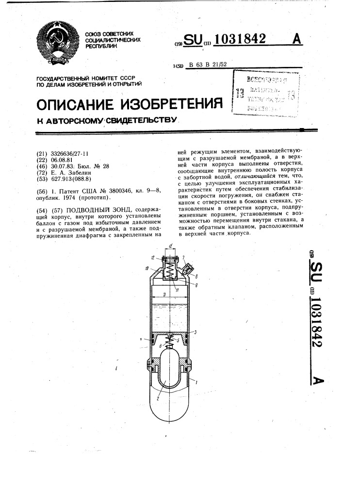 Подводный зонд (патент 1031842)