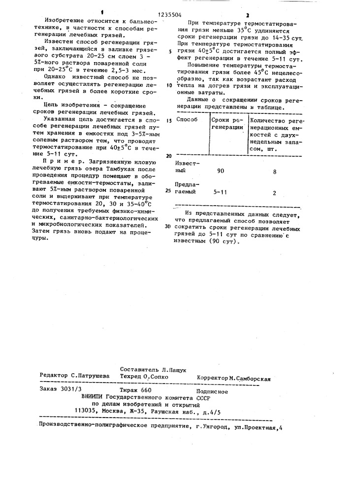 Способ регенерации лечебных грязей (патент 1235504)