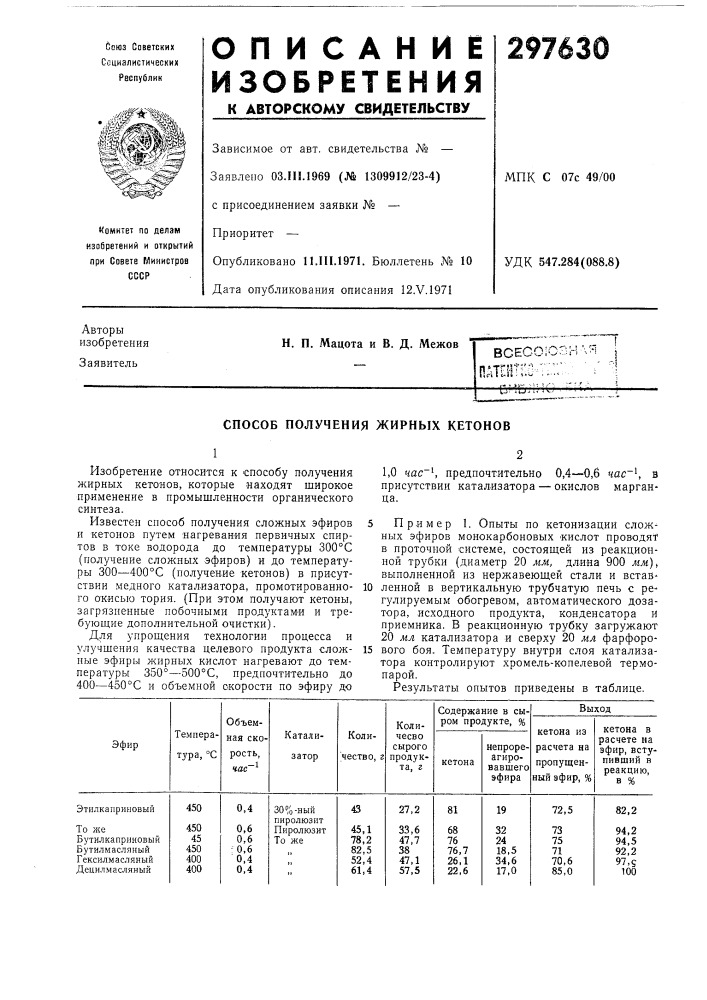 Способ получения жирных кетонов (патент 297630)