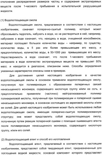 Водопоглощающий агент в виде частиц, содержащий в качестве основного компонента водопоглощающую смолу (варианты), поглощающее изделие на его основе и варианты способа получения водопоглощающего агента (патент 2338763)