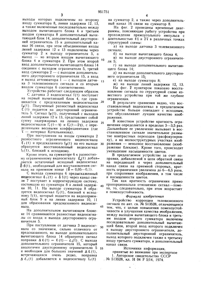 Устройство коррекции телевизионного сигнала (патент 951751)