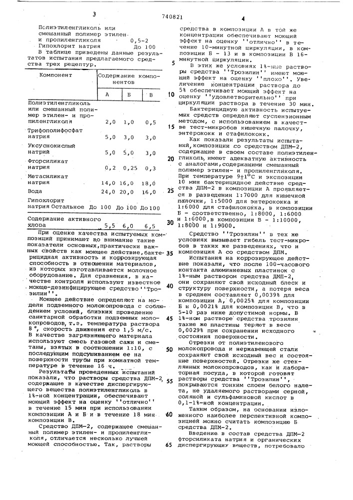 Моюще-дезинфицирующее средство для обработки молокопроводов и доильных установок (патент 740821)