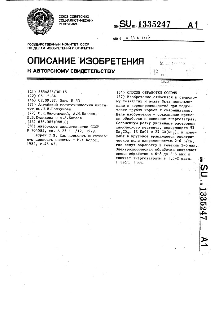 Способ обработки соломы (патент 1335247)