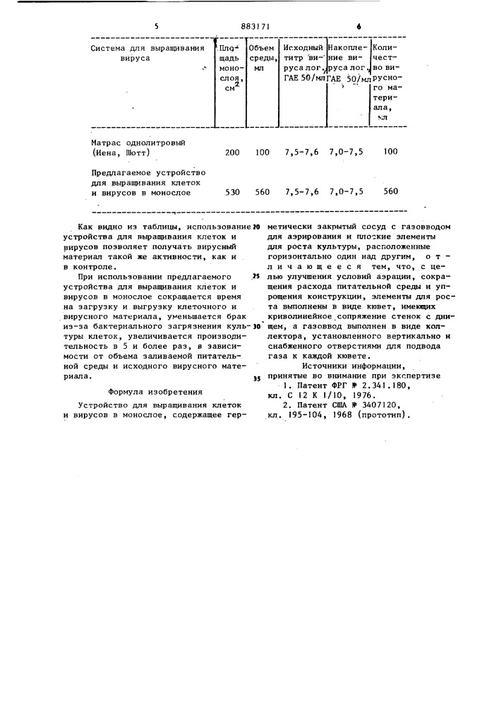 Устройство для выращивания клеток и вирусов в монослое (патент 883171)