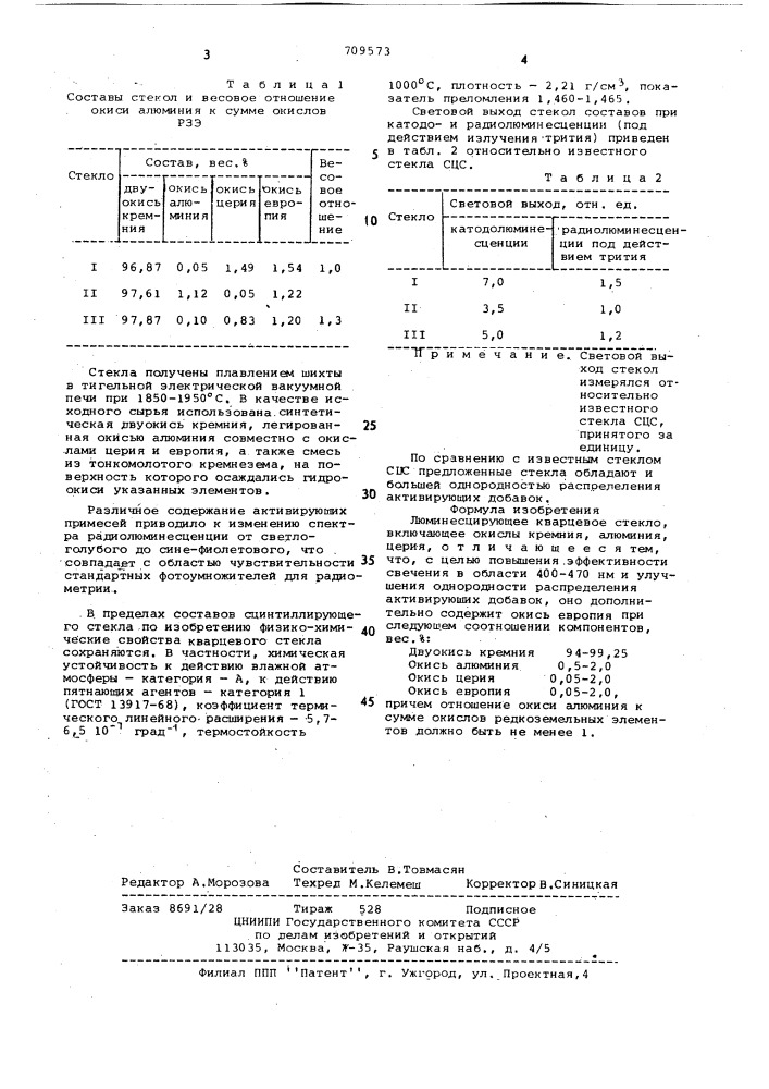 Люминесцирующее кварцевое стекло (патент 709573)