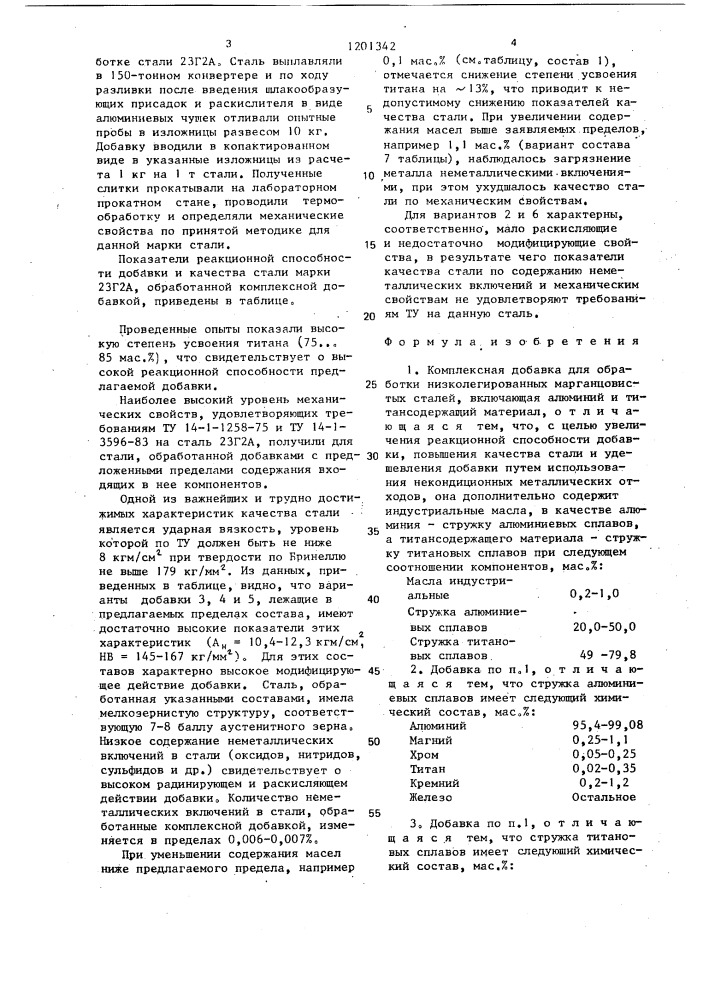 Комплексная добавка для обработки низколегированных марганцовистых сталей (патент 1201342)