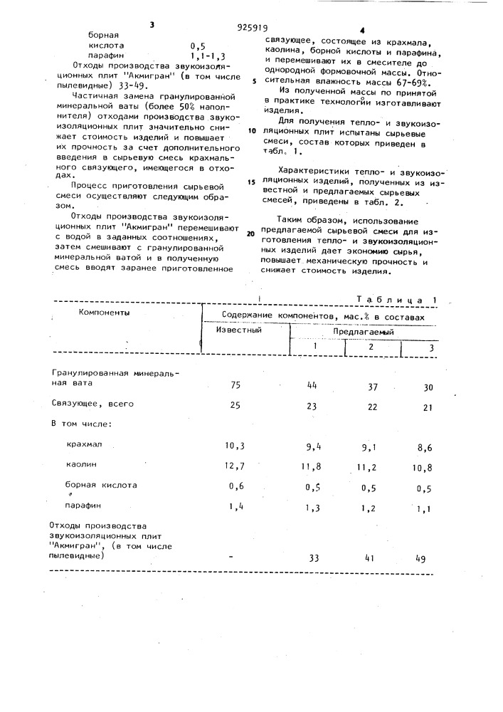 Сырьевая смесь для изготовления теплои звукоизоляционных изделий (патент 925919)