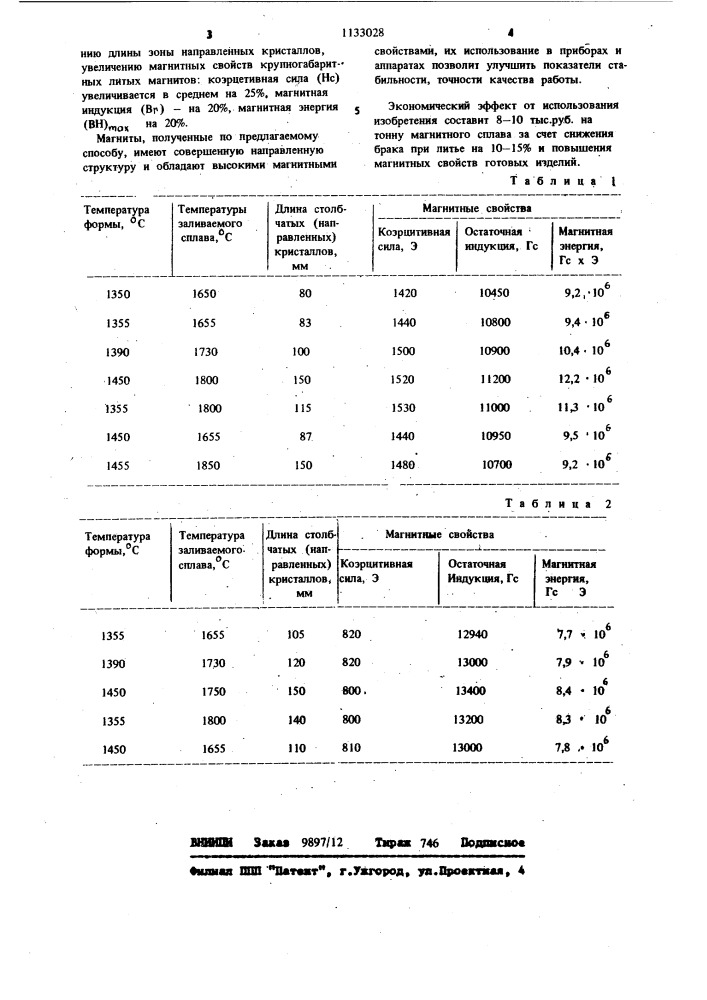 Способ изготовления литых постоянных магнитов с направленной структурой (патент 1133028)