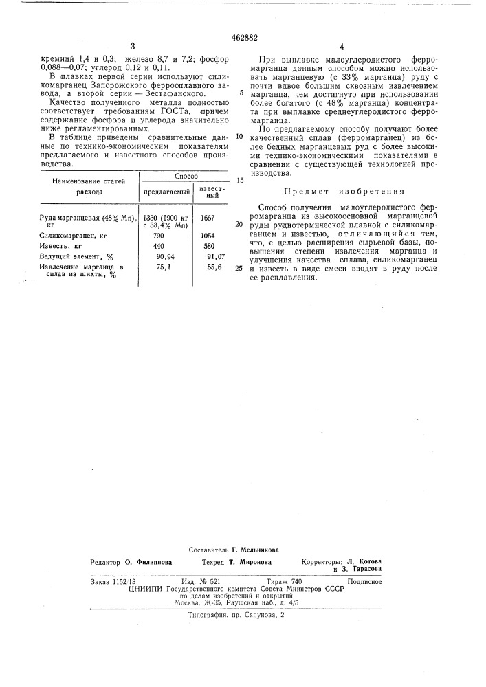 Способ получения малоуглеродистого ферромарганца (патент 462882)