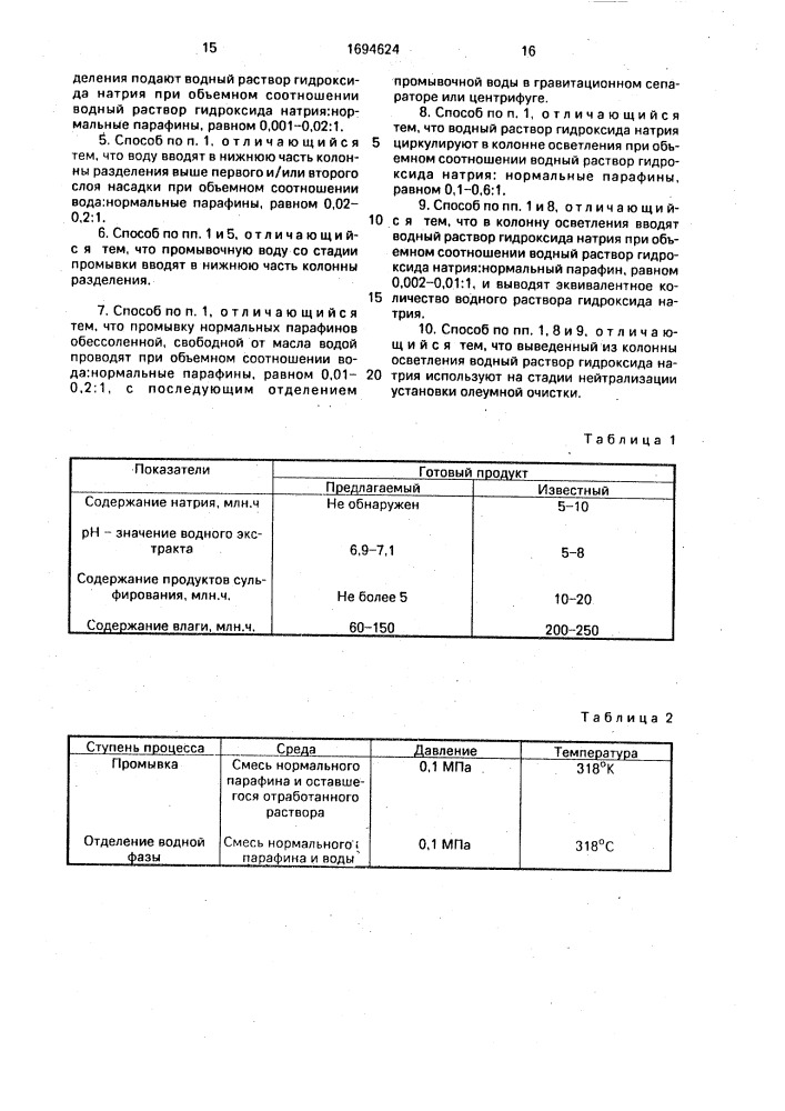 Способ многоступенчатой непрерывной сверхтонкой очистки обработанных олеумом и нейтрализованных нормальных парафинов с @ - с @ от отработанного раствора (патент 1694624)