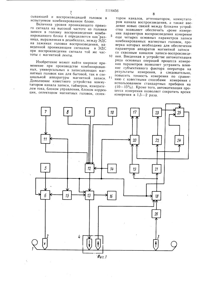 Устройство для измерения параметров комбинированного блока магнитных головок (патент 1116456)