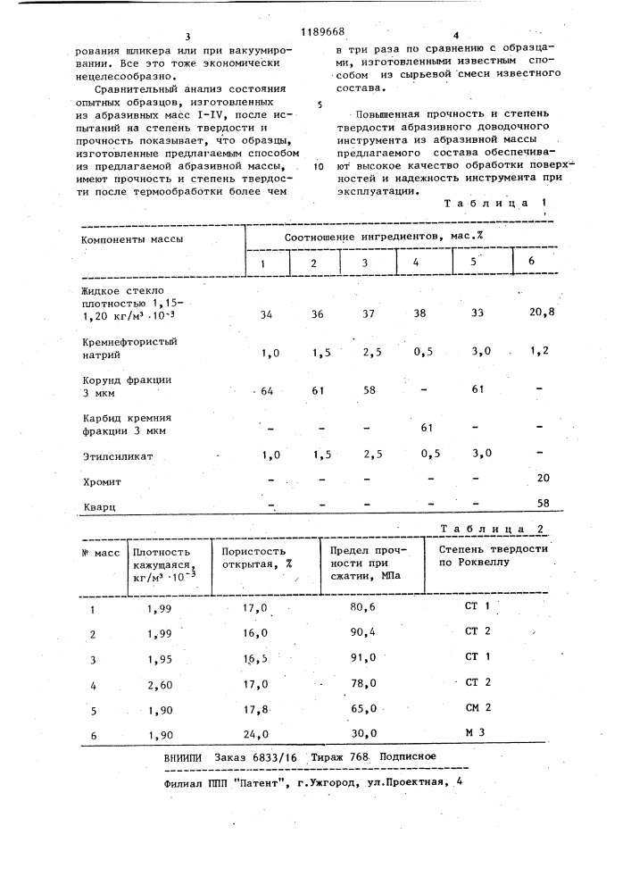 Масса для изготовления абразивного инструмента и способ его изготовления (патент 1189668)