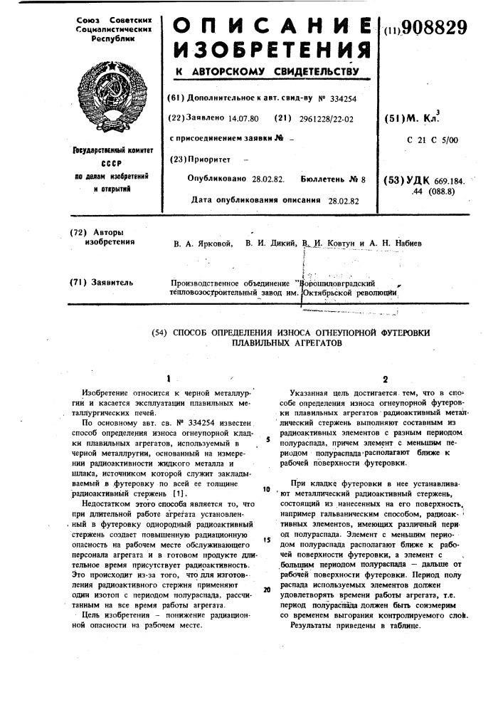 Способ определения износа огнеупорной футеровки плавильных агрегатов (патент 908829)