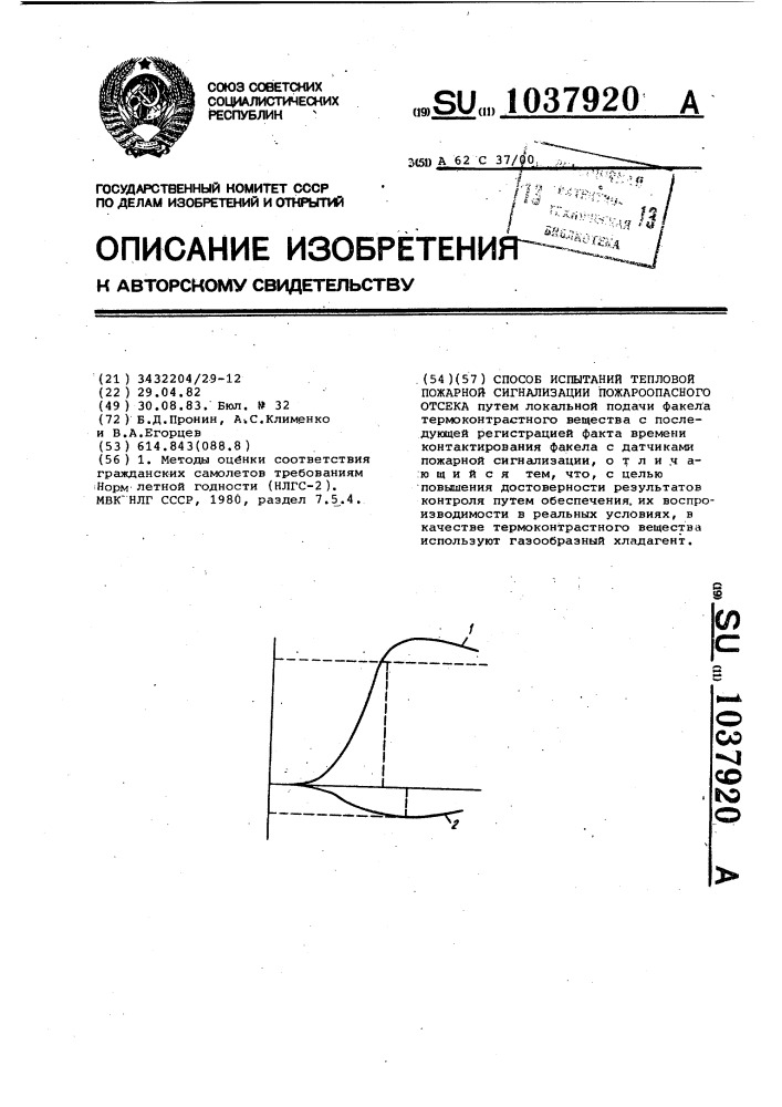 Способ испытаний тепловой пожарной сигнализации пожароопасного отсека (патент 1037920)