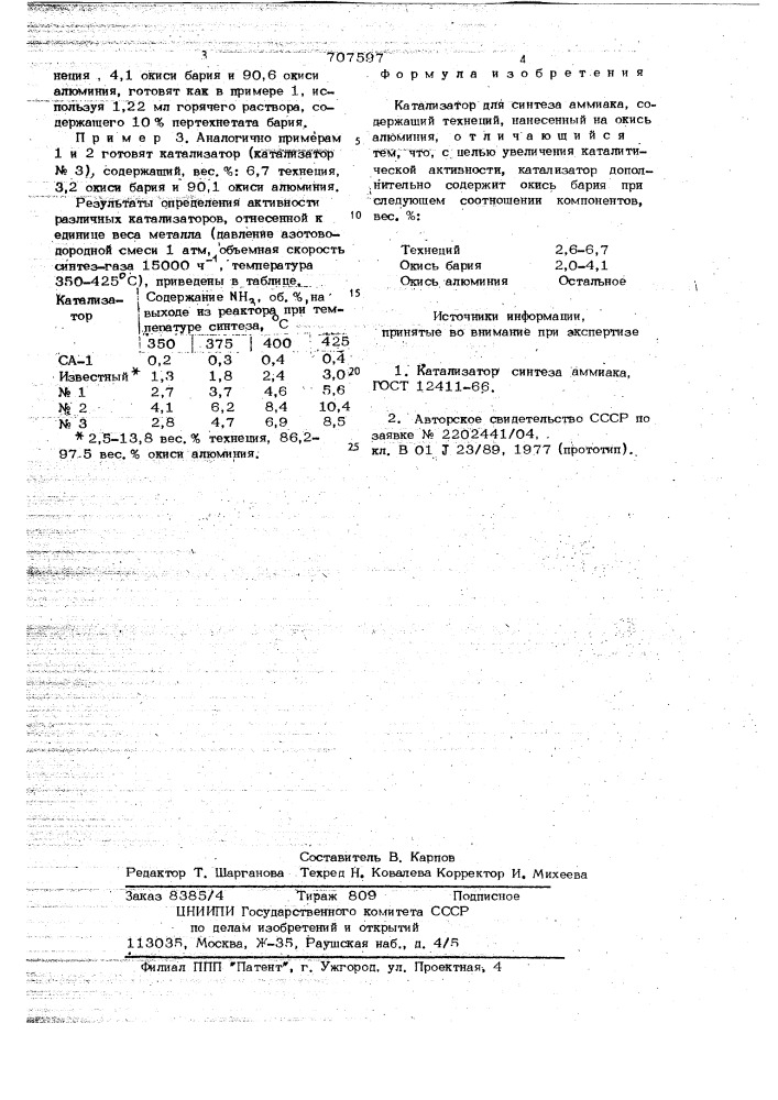 Катализатор для синтеза аммиака (патент 707597)