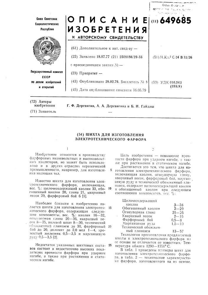 Шихта для изготовления электротехнического фарфора (патент 649685)
