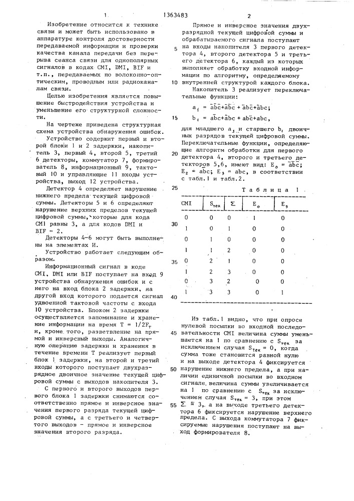 Устройство для обнаружения ошибок (патент 1363483)