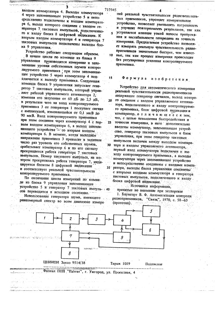 Устройство для автоматического измерения реальной чувствительности радиоприемников (патент 715945)