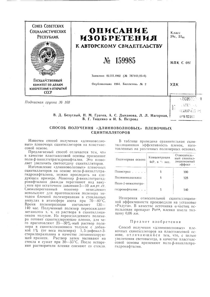 Патент ссср  159985 (патент 159985)