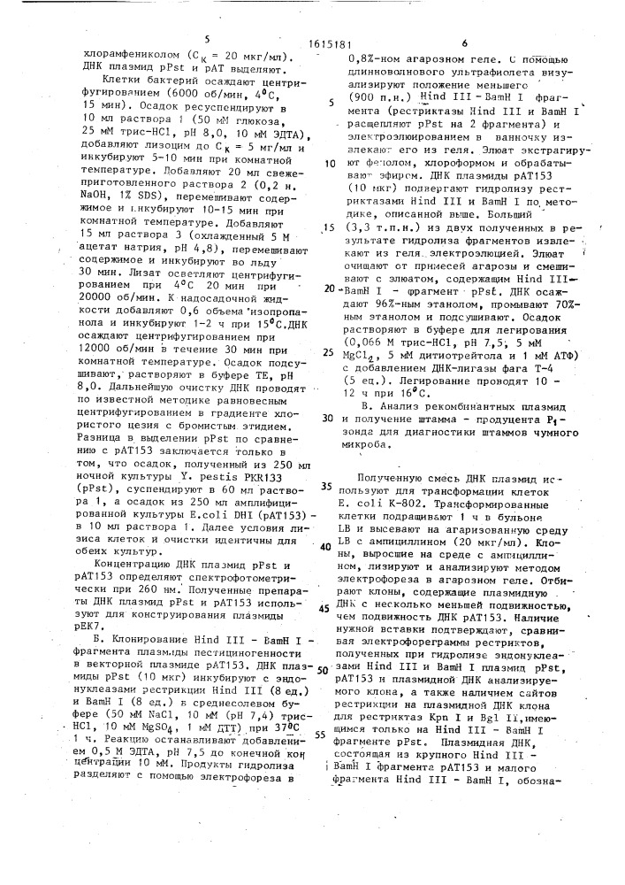 Рекомбинантная плазмидная днк рек-7-днк-зонд для идентификации штаммов чумного микроба, несущих плазмиду пестициногенности, способ ее конструирования и штамм бактерий еsснеriснiа coli - продуцент днк-зонда для идентификации штаммов чумного микроба, несущих плазмиду пестициногенности (патент 1615181)