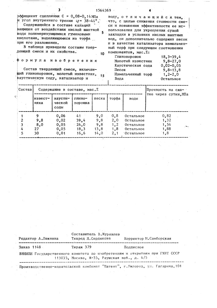 Состав твердеющей смеси (патент 1564369)