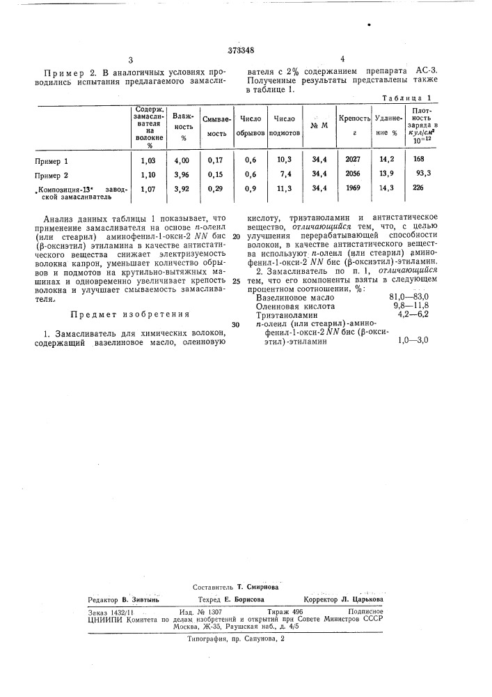 Замасливатель для химических волокон (патент 373348)