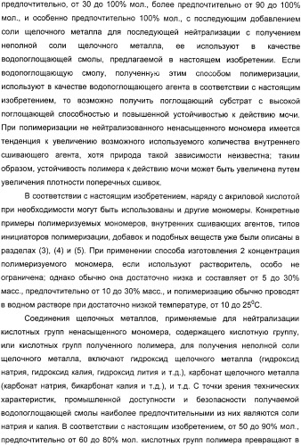 Водопоглощающий агент в виде частиц, содержащий в качестве основного компонента водопоглощающую смолу (варианты), поглощающее изделие на его основе и варианты способа получения водопоглощающего агента (патент 2338763)