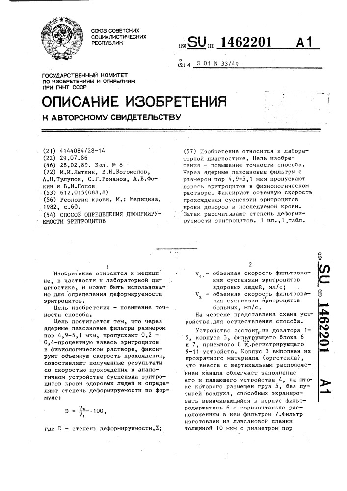 Способ определения деформируемости эритроцитов (патент 1462201)