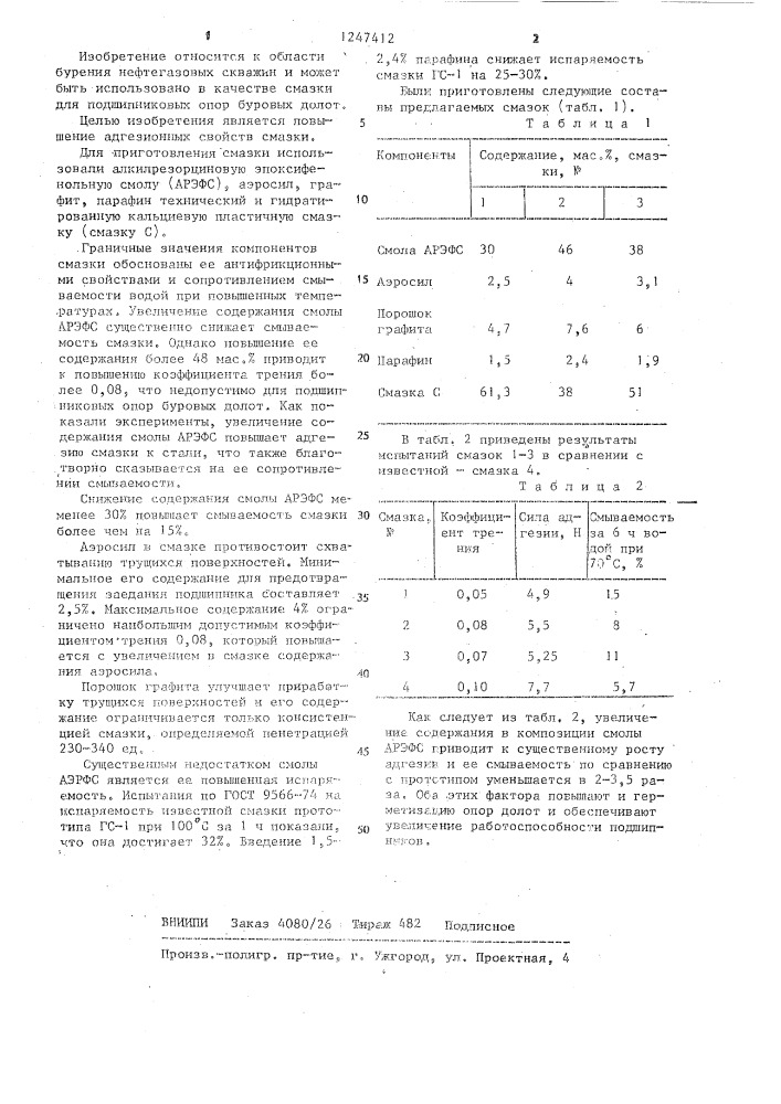 Смазка для подшипниковых опор буровых долот (патент 1247412)