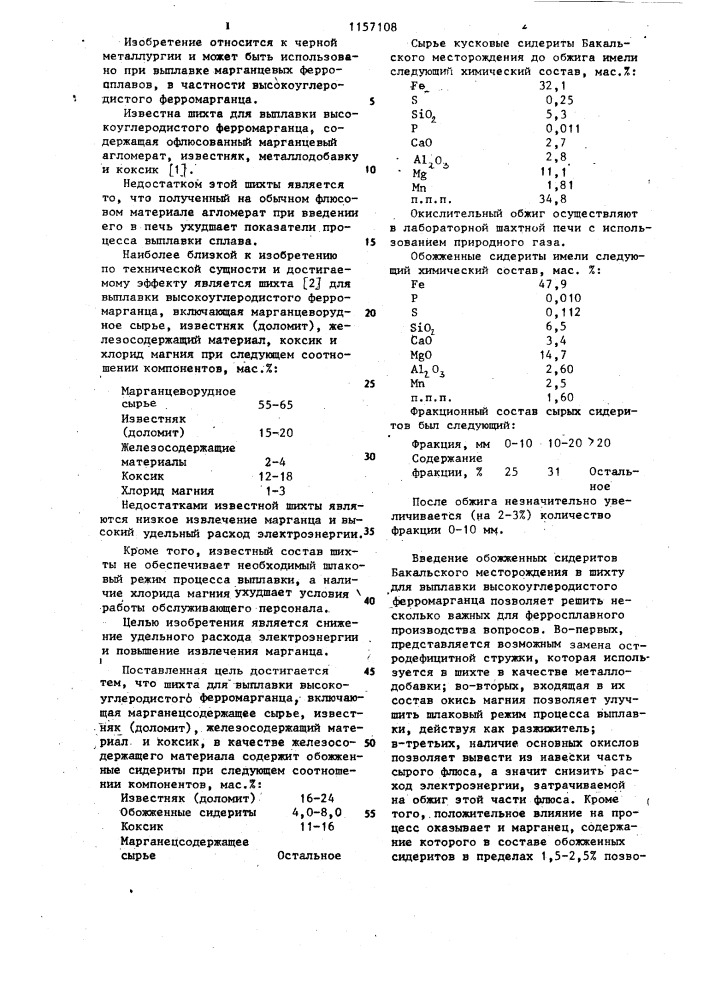 Шихта для выплавки высокоуглеродистого ферромарганца (патент 1157108)