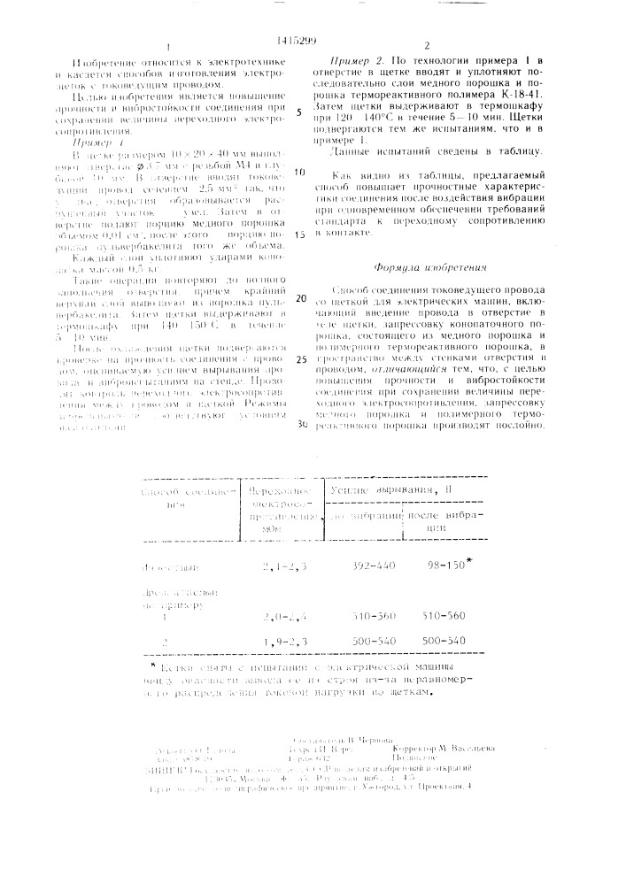 Способ соединения токоведущего провода со щеткой для электрических машин (патент 1415299)