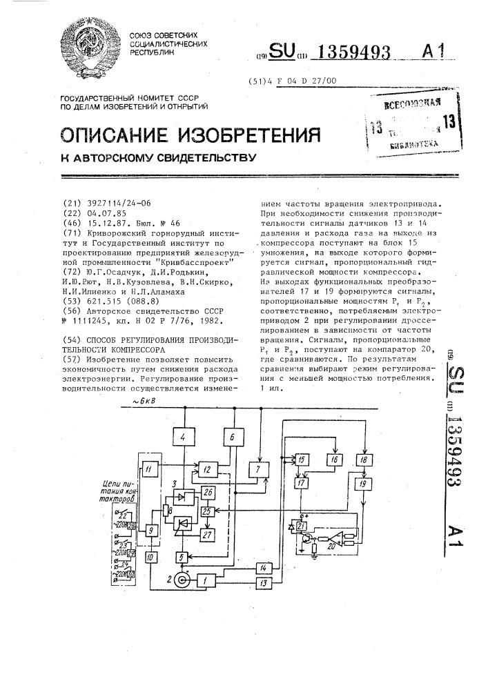 Способ регулирования производительности компрессора (патент 1359493)