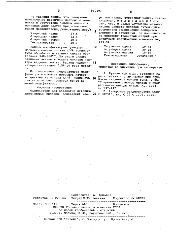 Модификатор для обработки литейных алюминиевых сплавов (патент 960291)