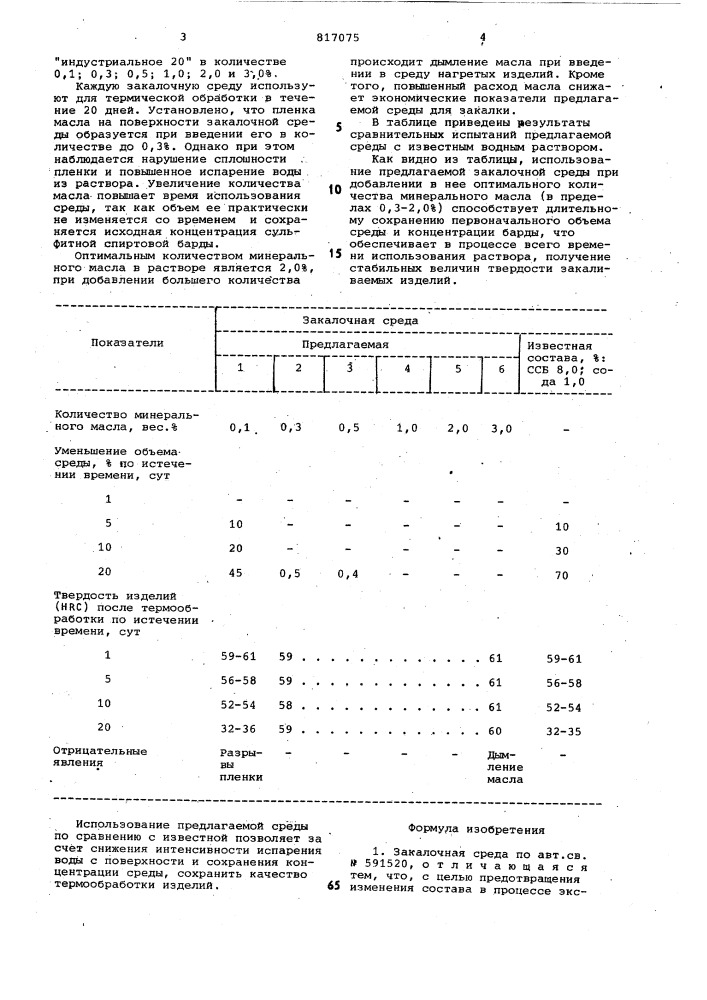 Закалочная среда (патент 817075)