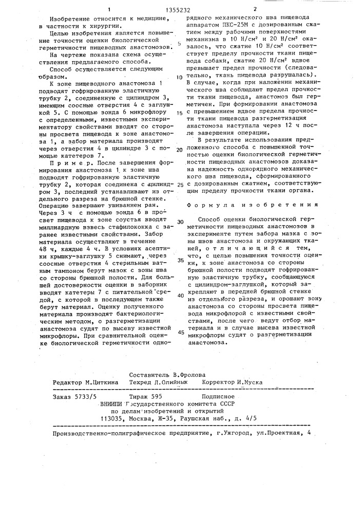 Способ оценки биологической герметичности пищеводных анастомозов в эксперименте (патент 1355232)