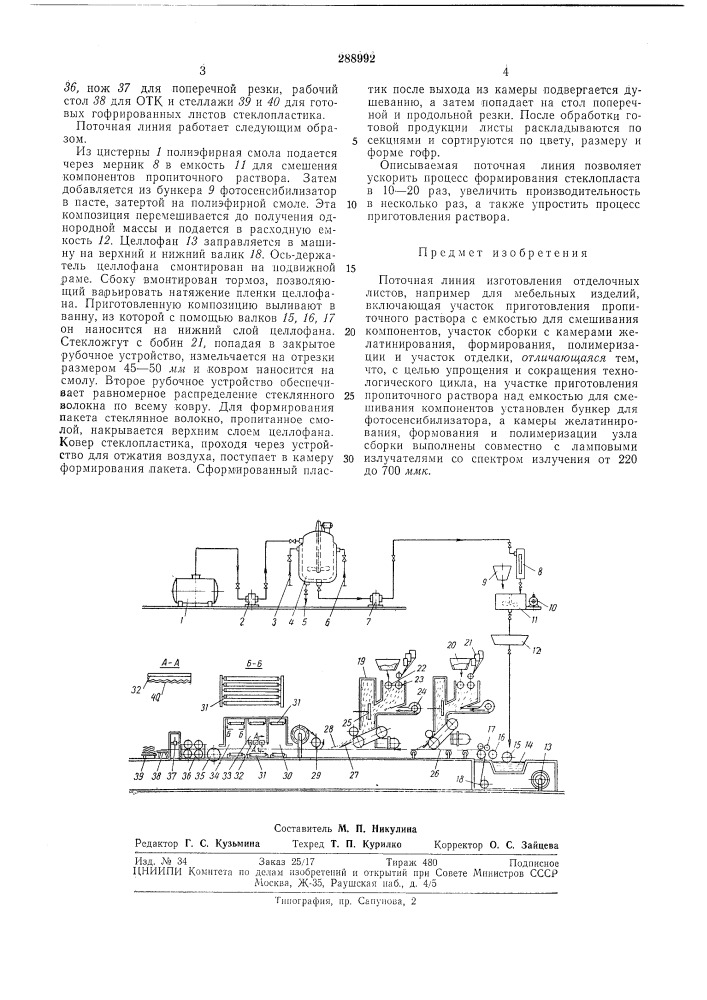 Поточная линия изготовления отделочных листов (патент 288992)