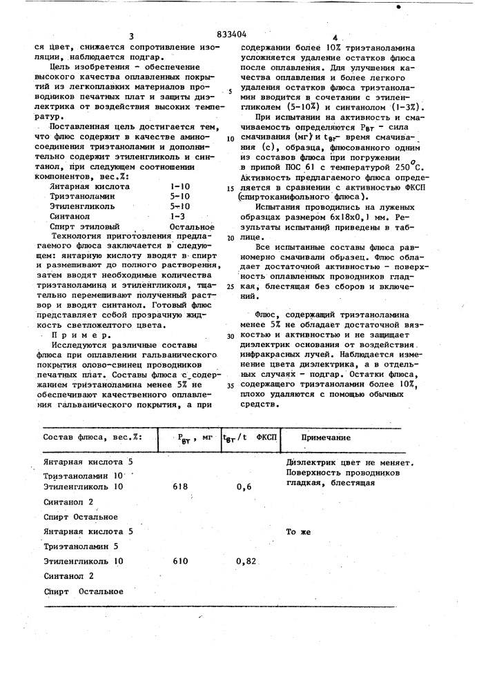 Флюс для лужения и пайки (патент 833404)