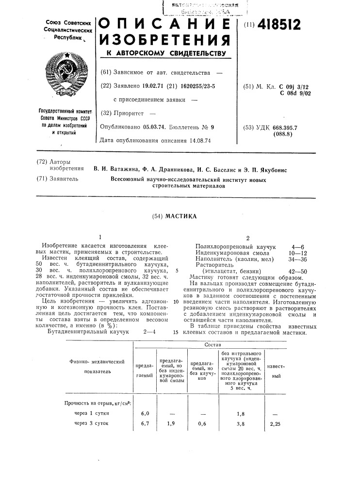 Мастика (патент 418512)
