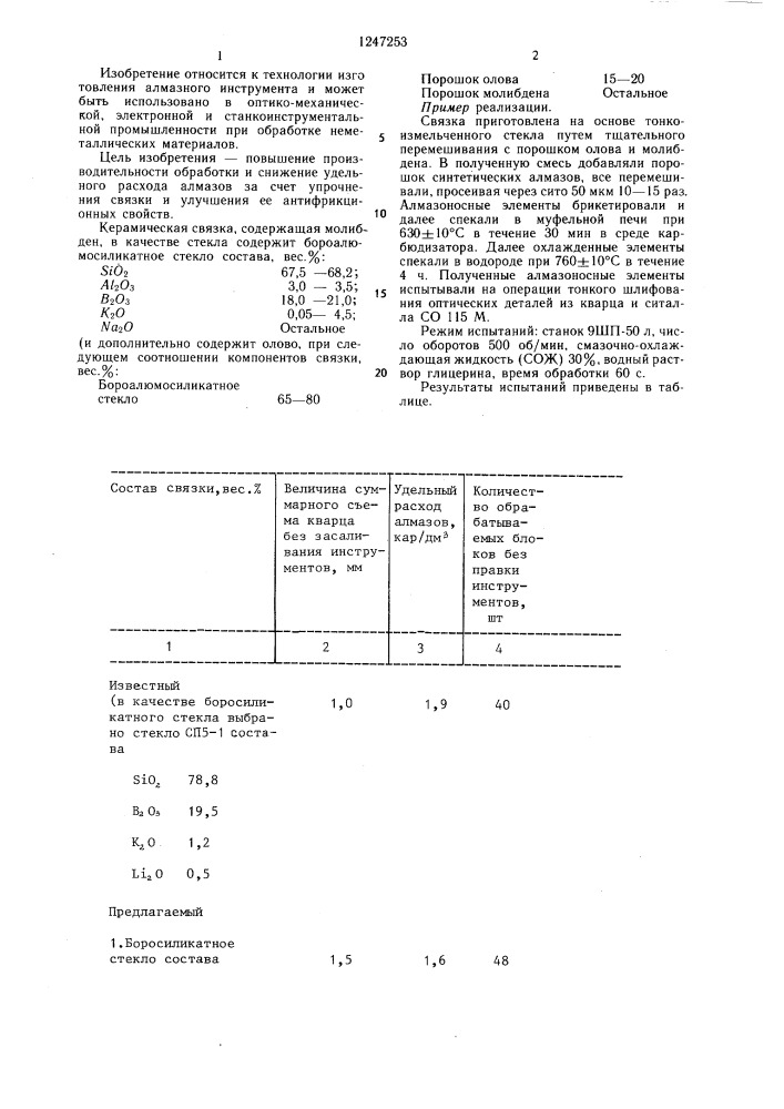 Керамическая связка для изготовления алмазного инструмента (патент 1247253)